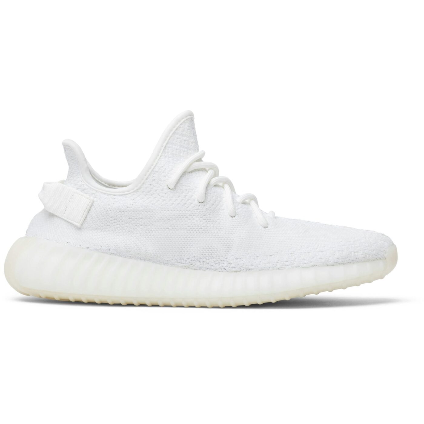 Perfil do tênis Yeezy Boost 350 V2 Vista lateral do Adidas Yeezy Boost 350 V2 Cream White, cabedal Primeknit branco sólido e sola BOOST translúcida